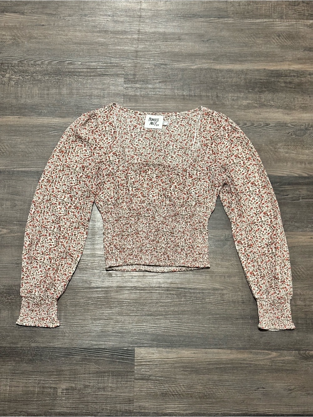 Princess Polly Cream Floral Smocked Crop Top with Rust Print